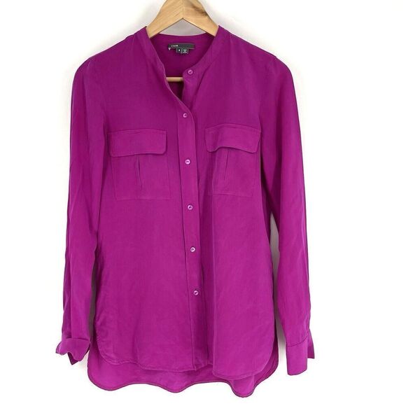 Vince Blouse Size 4 Womens Magenta Pink Silk Long Sleeve Top Button Up Shirt - Picture 1 of 8